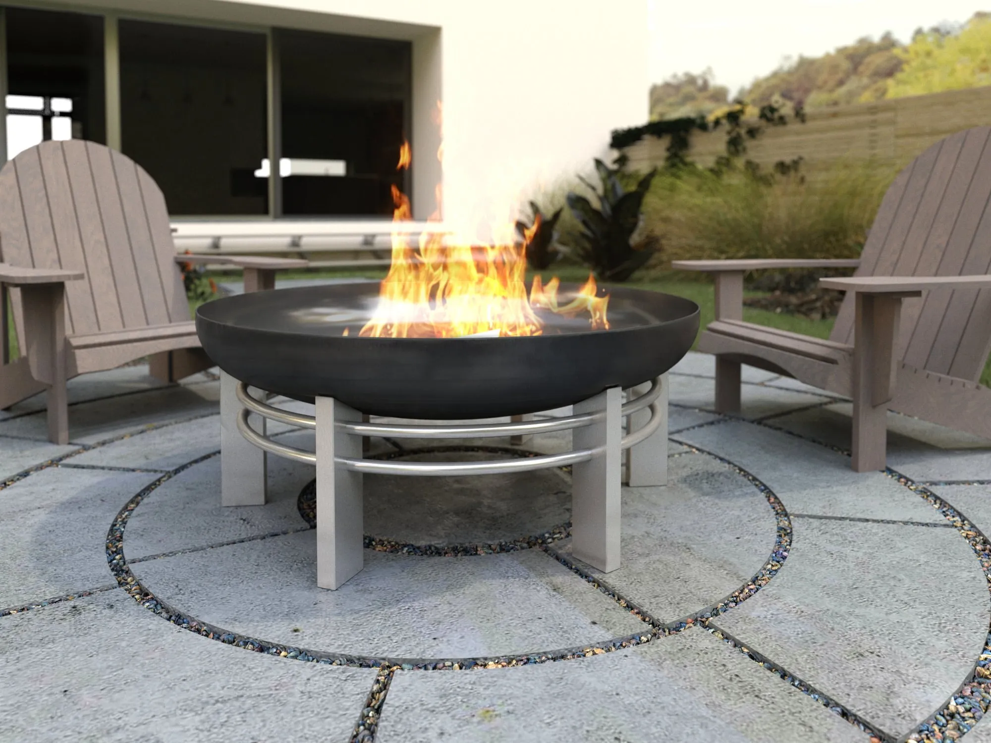 Feuerschale JURA mit Feuer auf einer Terrasse