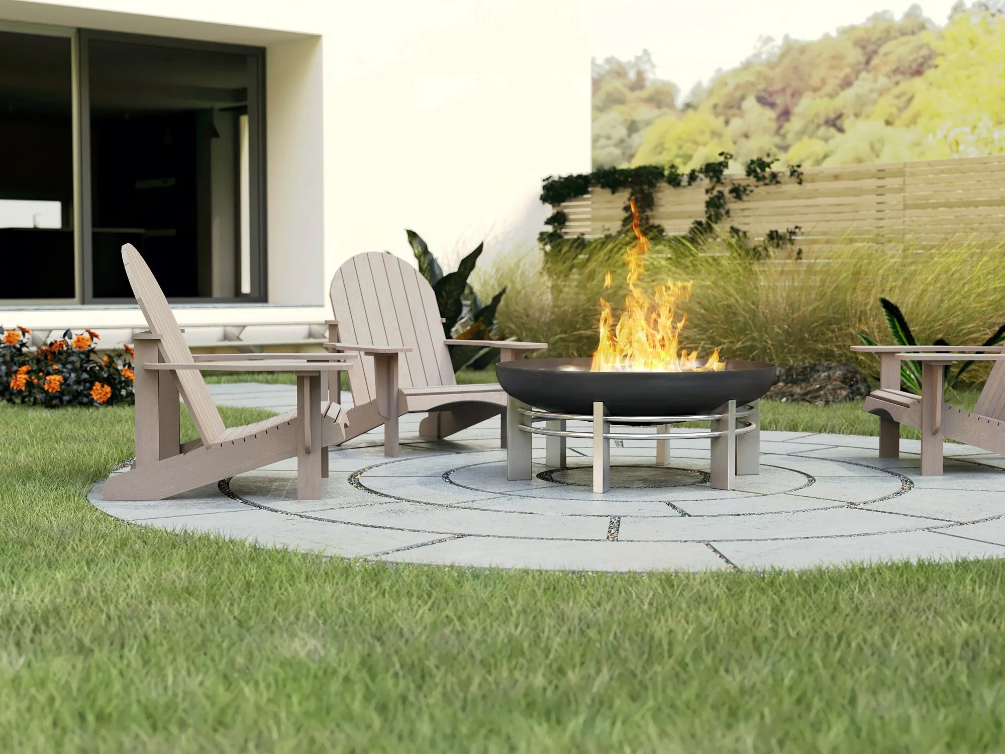Feuerschale JURA auf einer runden Terrasse im Garten